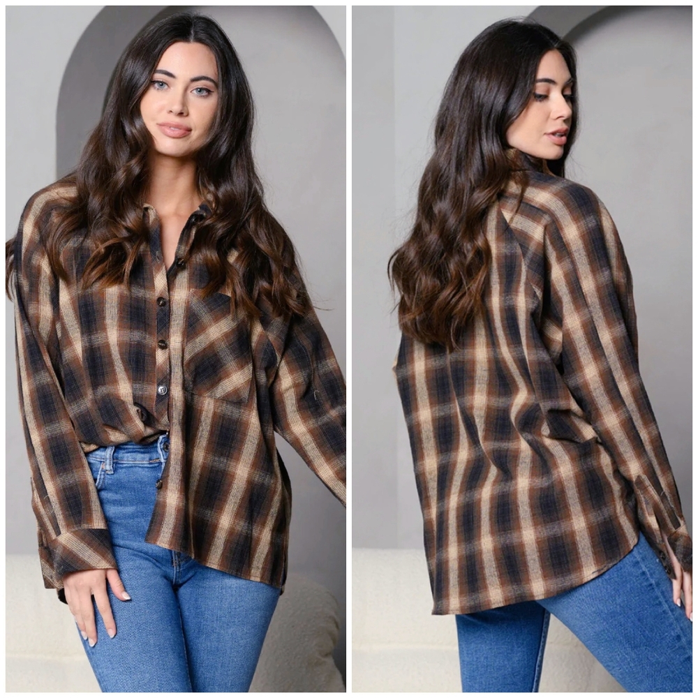 PEACH LOVE CALIFORNIA Brown And Taupe Plaid Long Sleeves Oversized Woven Top
